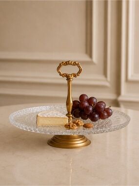 Glass Serving Platter Cake Stand Gold Handle